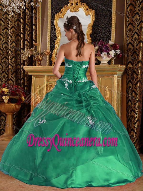 Strapless Floor-length Green Ball Gown Appliques Quinceanera Dress