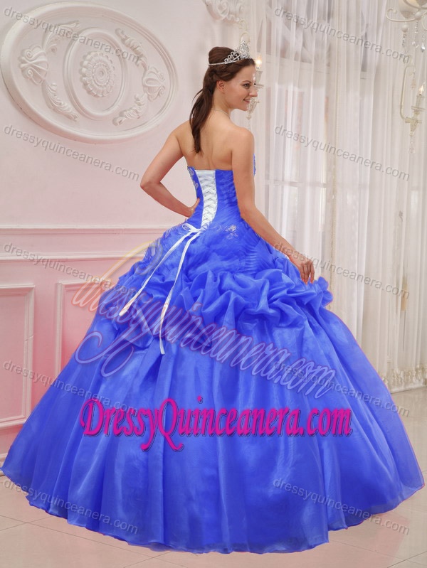 Blue Organza and Taffeta Ruched and Beaded Sweet 16 Dresses for Spring