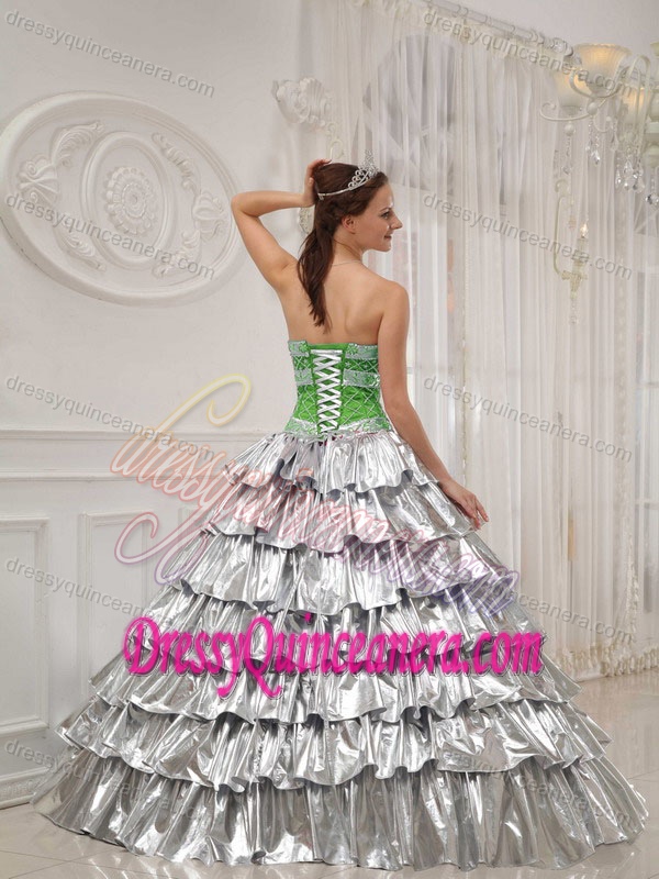 A-line Green and Sliver Taffeta and Satin Beaded Quinceanera Gown Dresses