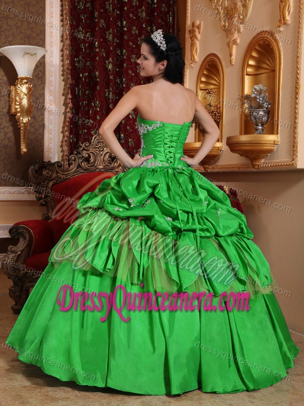 2013 Popular Green Pick-ups Taffeta Appliques Dress for Quince for Spring