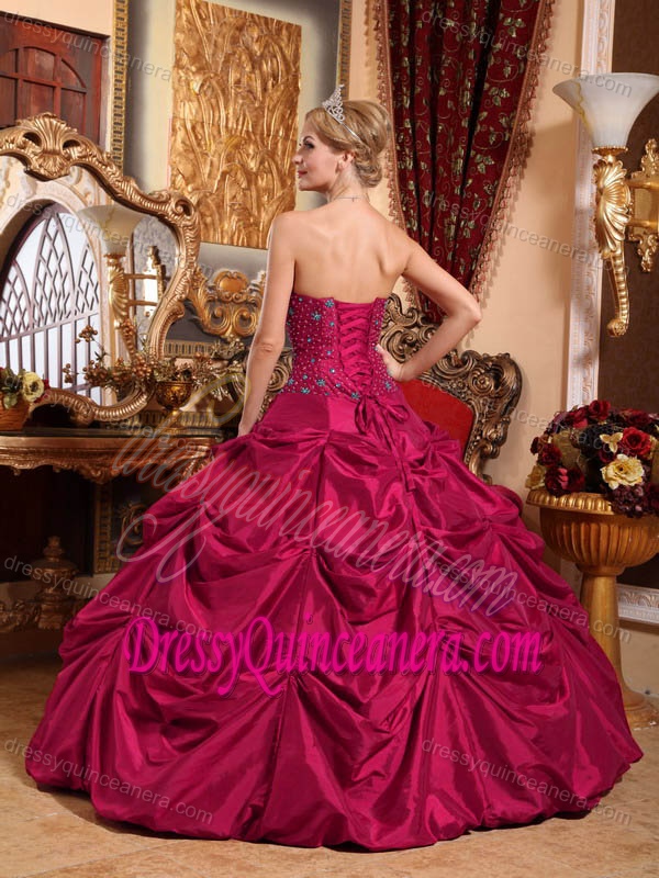 Red Taffeta Pick-ups Beaded Strapless Ball Gown Quinceanera Gown Dress