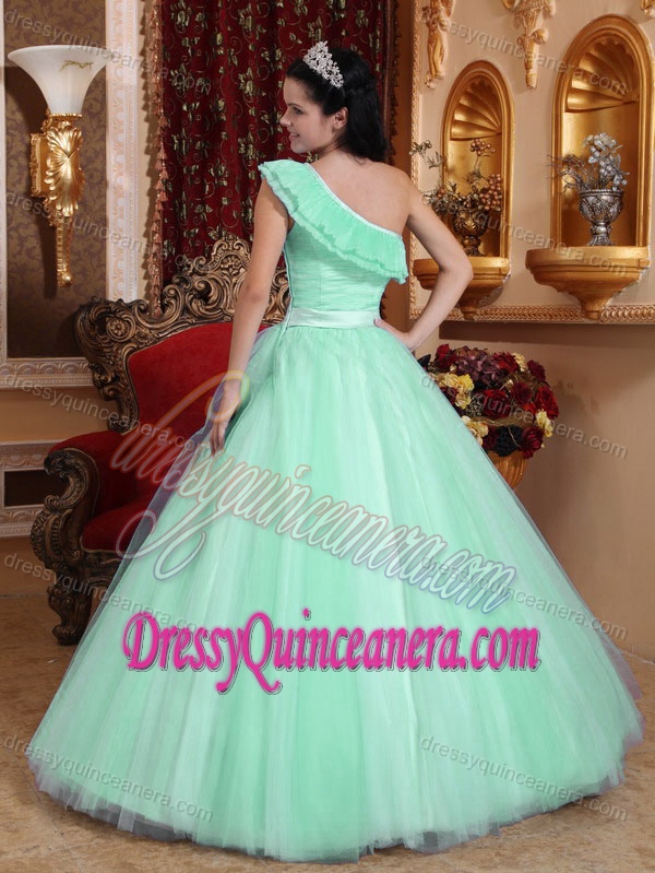 One Shoulder Apple Green A-line Tulle Ruched Sweet 16 Dresses in Low Price