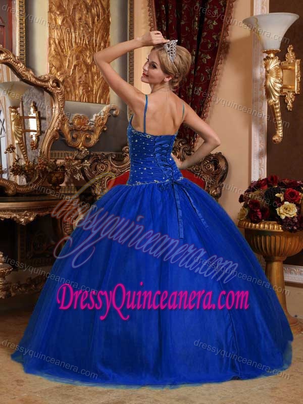 Royal Blue Spaghetti Straps Tulle Beaded Sweetheart Quinceanera Dresses