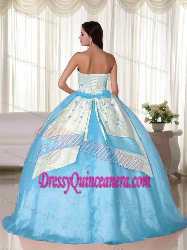 Blue and White Ball Gown Organza Strapless Popular Quinceanera Dresses