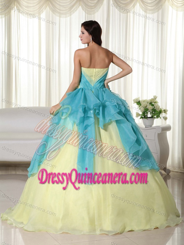 Yellow and Teal Ball Gown Organza Beaded Strapless Quinceanera Dresses