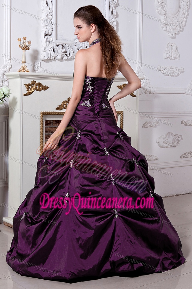 Cheap A-line Elegant Purple Halter Strapless Taffeta Quinceanera Gown Dress
