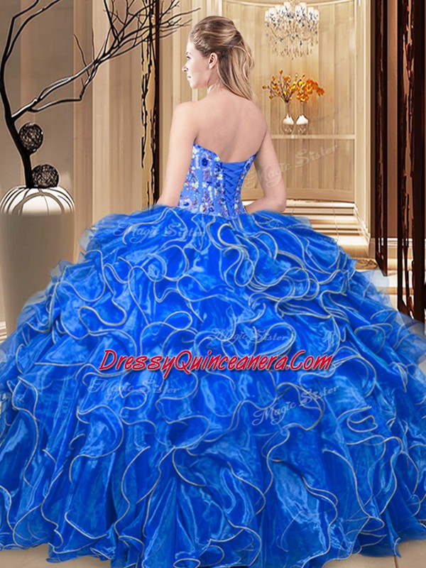 Sweet Floor Length Royal Blue Quince Ball Gowns Organza Sleeveless