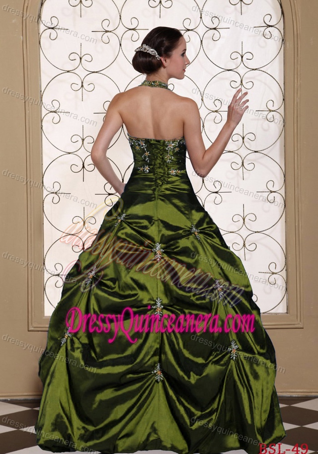 Beautiful Halter Top Embroidered Quinceanera Gown Dresses in Olive Green