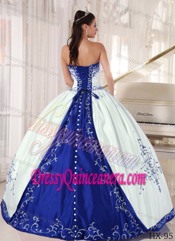 Discount Strapless Embroidered White and Blue Satin Dresses for Quince