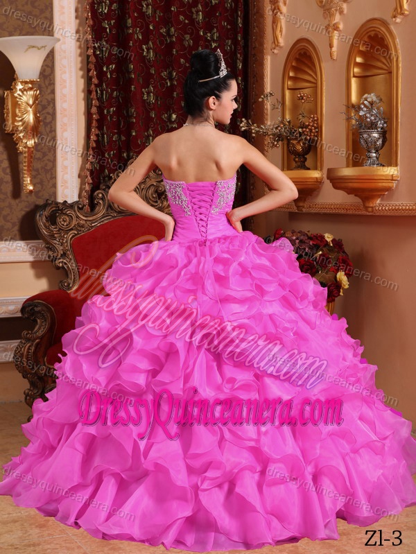 Elegant Organza Beaded Rose Pink Long Quinceanera Gown with Ruffles