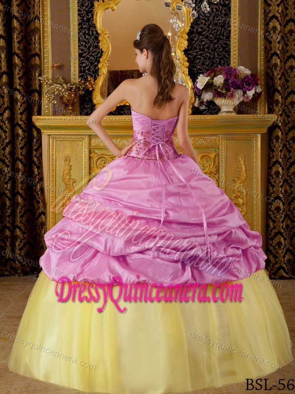 Strapless Pink and Yellow Appliqued Sweet 16 Dresses with Pick-ups and Flowers
