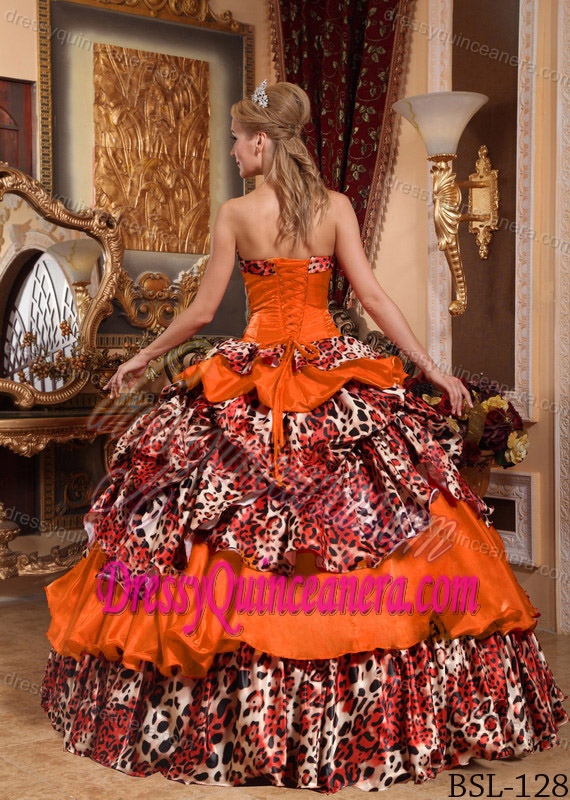 Orange Red Strapless Layered Taffeta Quinceanera Dress with Pick-ups and Leopard