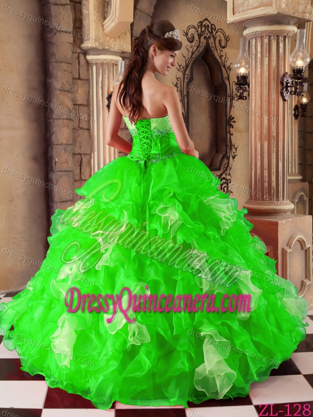 Spring Green Sweetheart Ball Gown Organza Ruffled Quinceanera Dress with Beading