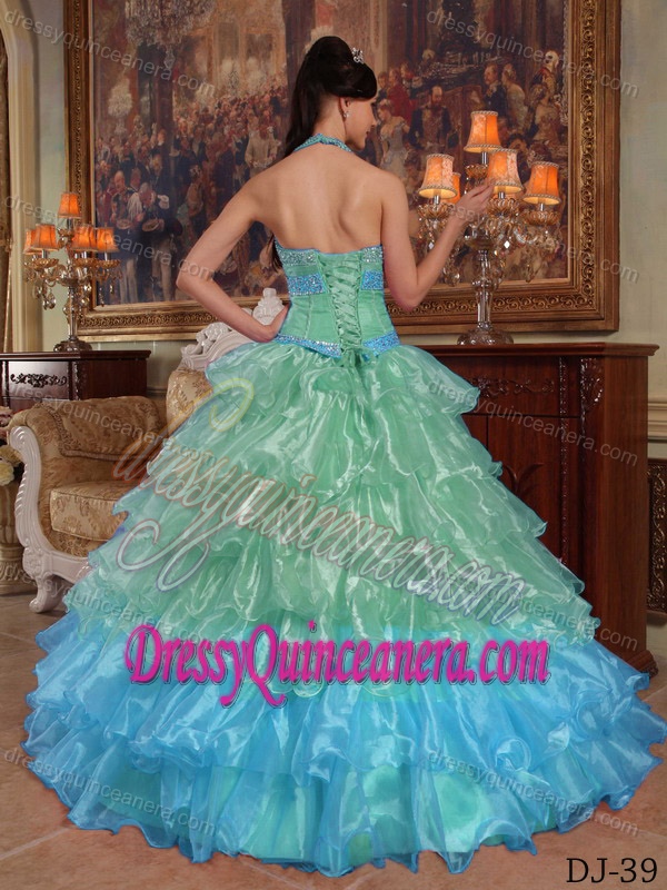Multi-colored Halter Organza Quinceanera Gown Dresses with Ruffles and Beading