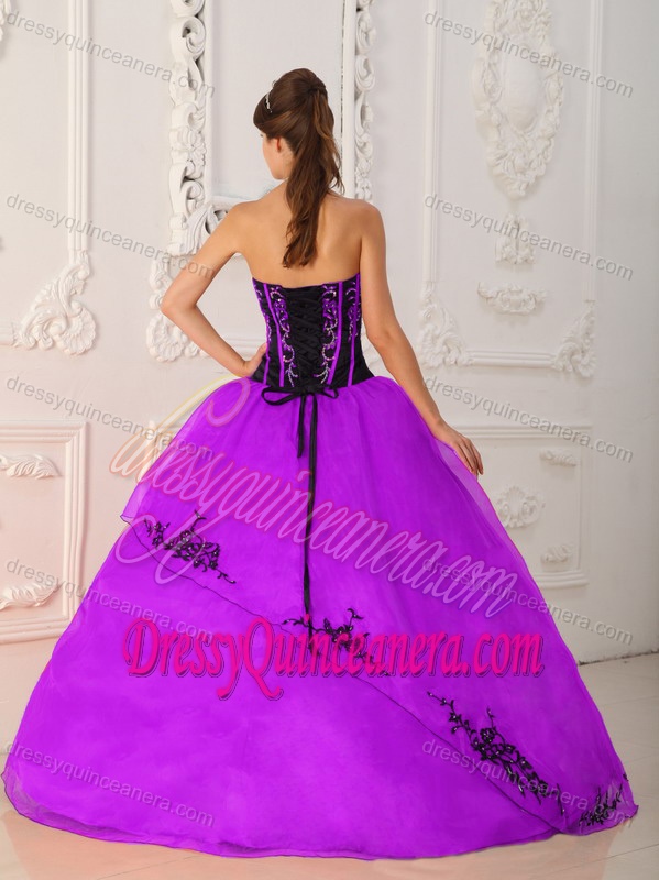 Fuchsia Strapless Ball Gown Organza Quinceanera Dress with Appliques and Flowers