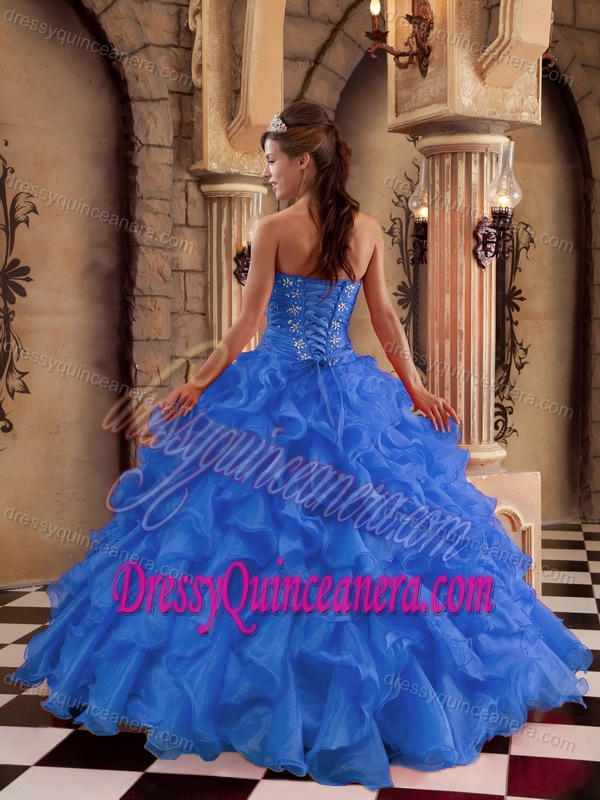Sky Blue Sweetheart Floor-length Organza Beaded Quinceanera Dresses with Ruffles