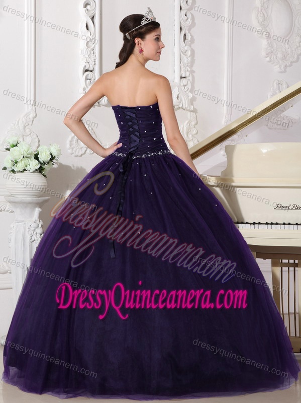 Dark Purple Sweetheart Tulle Ball Gown Quinceanera Dress with Beading for Cheap