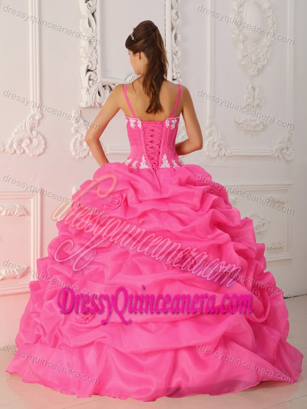Hot Pink Straps Floor-length Organza Appliqued Quinceanera Dresses with Pick-ups