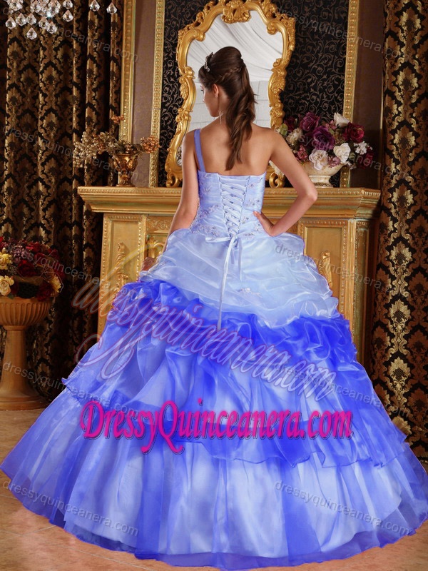 New One-shoulder Two-toned Blue Organza Beaded Quinceanera Dress with Pick-ups