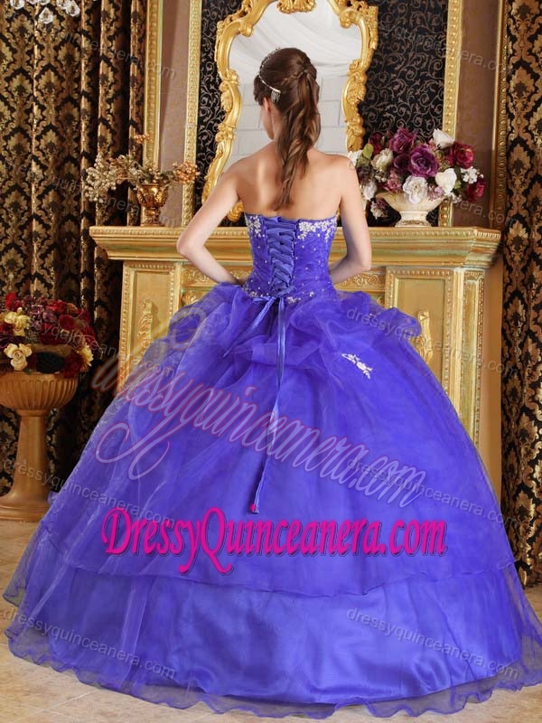 Purple Sweetheart Organza Quinceanera Dress with Appliques and Pick-ups on Sale