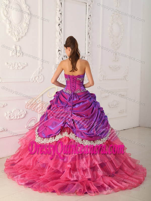Chic Fuchsia Taffeta and Pink Organza Quinceanera Dress with Layers and Appliques