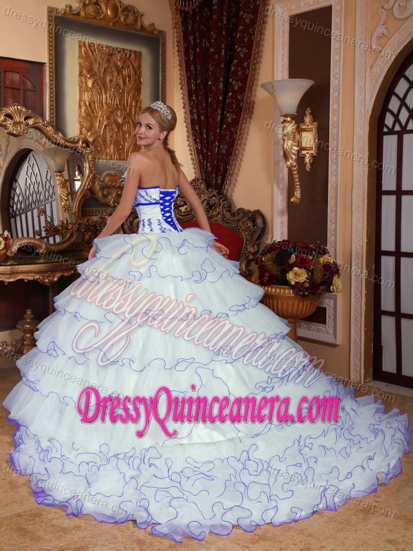 Strapless White Tulle Quinceanera Dress with Appliques and Layered Ruffles on Sale