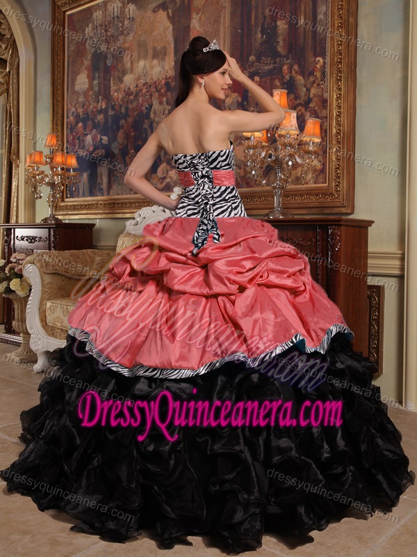 Pink and Black Strapless Ruffled Quinceanera Dress with Pick-ups and Zebra on Sale