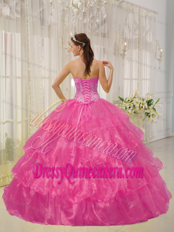 Rose Pink Strapless Layered Organza Quinceanera Dresses with Beading and Flower