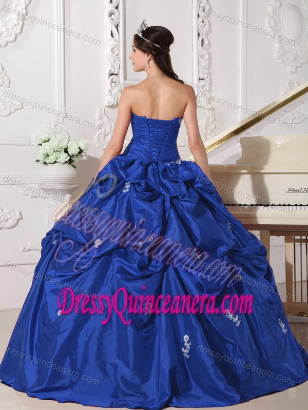 Ruched Sweetheart Royal Blue Taffeta Quinceanera Dress with Appliques and Pick-ups