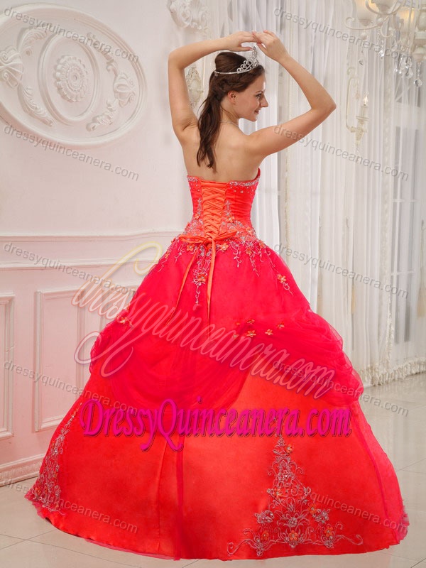 Coral Red Strapless Floor-length Appliqued Quinceanera Dress with Pick-ups on Sale