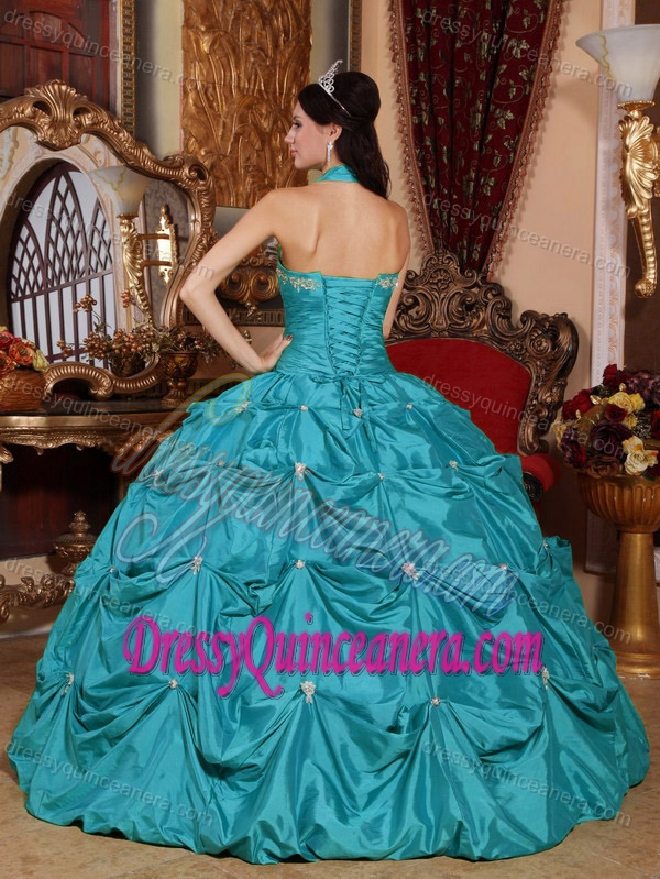 Snazzy Halter Teal Ball Gown Taffeta Quinceanera Dress with Pick-ups and Appliques