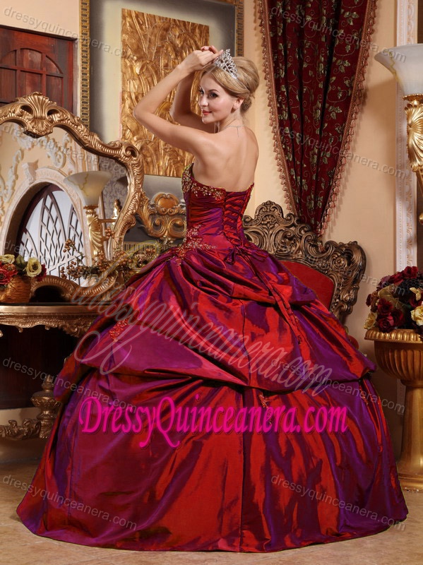Wonderful Wine Red Strapless Taffeta Quinceanera Dress with Beading and Pick-ups