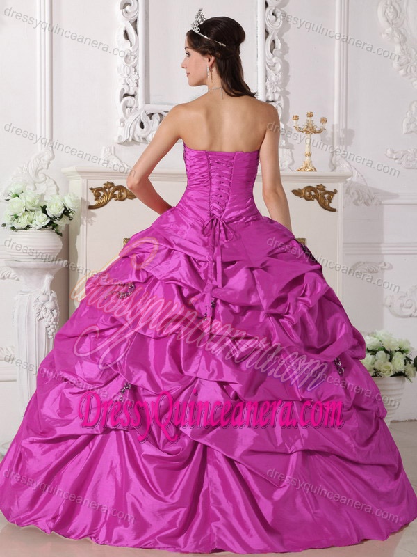 Taffeta Hot Pink Sweetheart Quinceanera Dress with Beading and Pick-ups for Less
