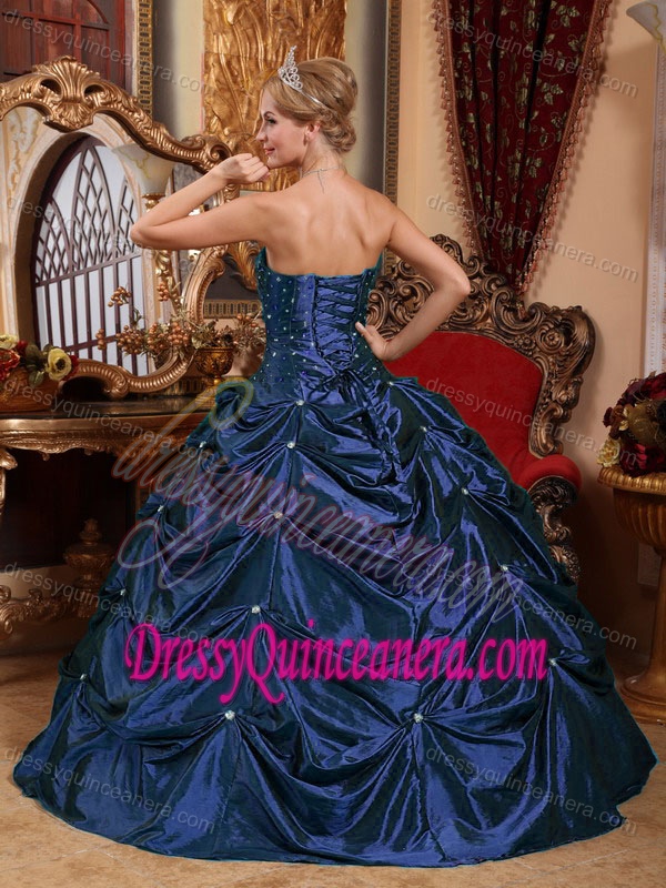 Navy Blue Sweetheart Taffeta Quinceanera Dress with Beading and Pick-ups on Sale