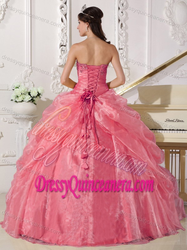 Rose Pink Sweetheart Organza Drapped Appliqued Quinceanera Dresses with Flower