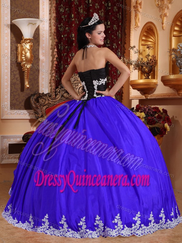 New Halter Ruched Black and Blue Ruffled Organza Quinceanera Dress with Appliques