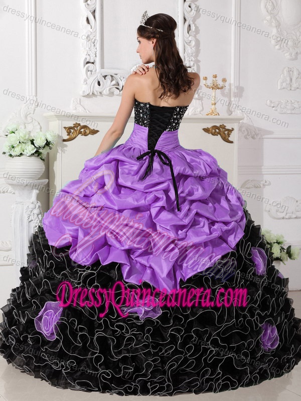 Latest Sweetheart Purple and Black Ruffled Beaded Quinceanera Dress with Pick-ups
