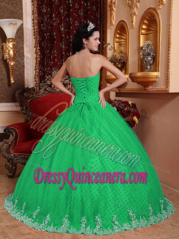 Spring Green Strapless Tulle Dresses for Quinceanera with Appliques on Promotion