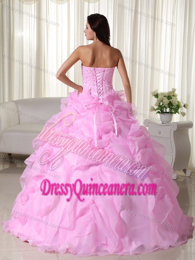 New Strapless Pink Ball Gown Organza Quinceanera Dress with Beading and Flounce