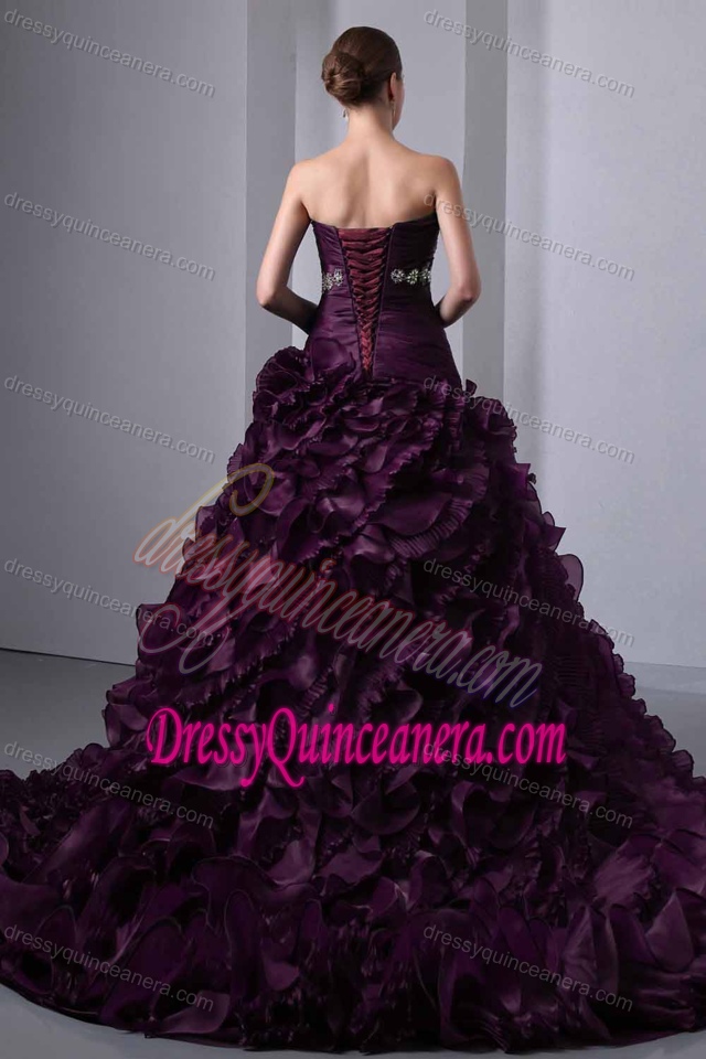 Ruched Strapless Dark Purple Organza Quinceanera Dress with Ruffles and Appliques