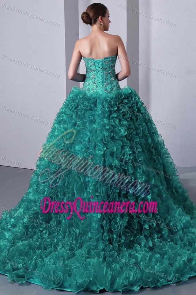 Turquoise Sweetheart Court Train Appliqued Sweet Sixteen Dress with Ruffles on Sale