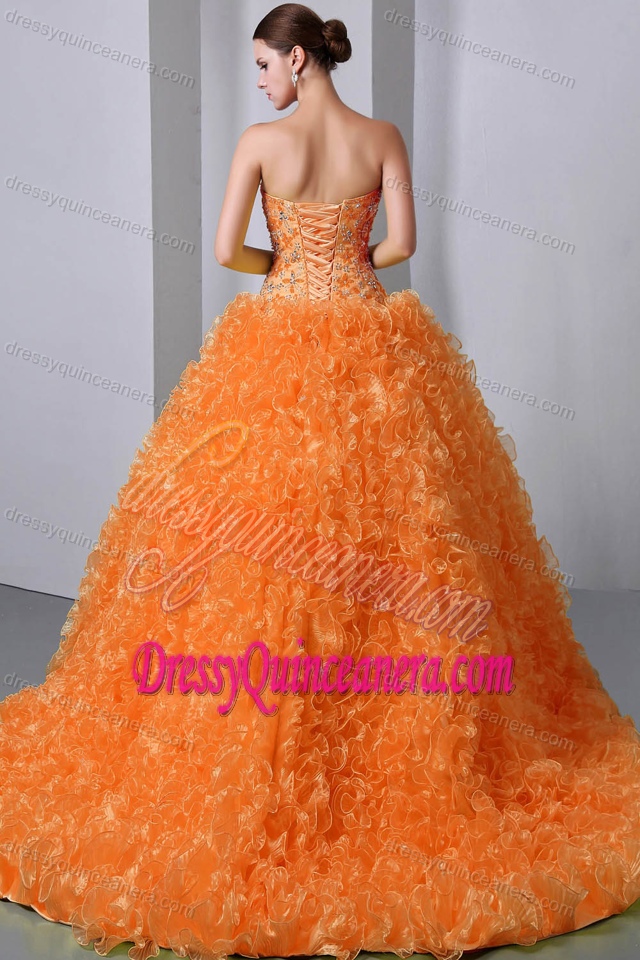 Sweetheart Orange Brush Train Organza Quinceanera Dress with Beading and Ruffles