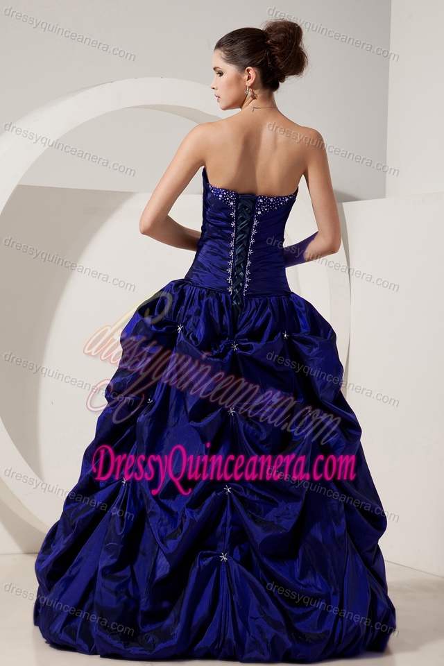 Sweetheart Royal Blue Taffeta Dress for Quince with Beading and Pick-ups on Sale