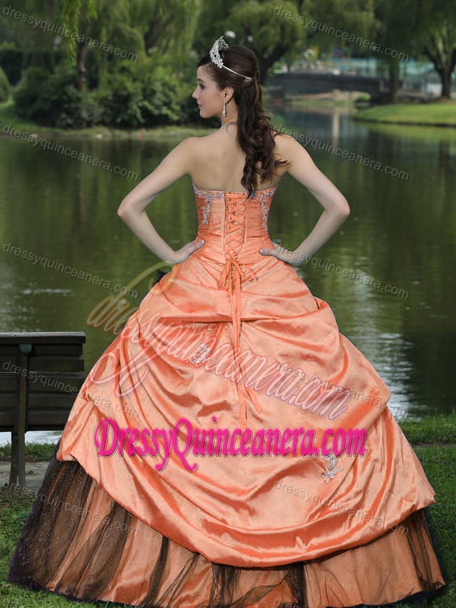 Chichi Strapless Orange Taffeta Dress for Quinceanera with Pick-ups and Appliques