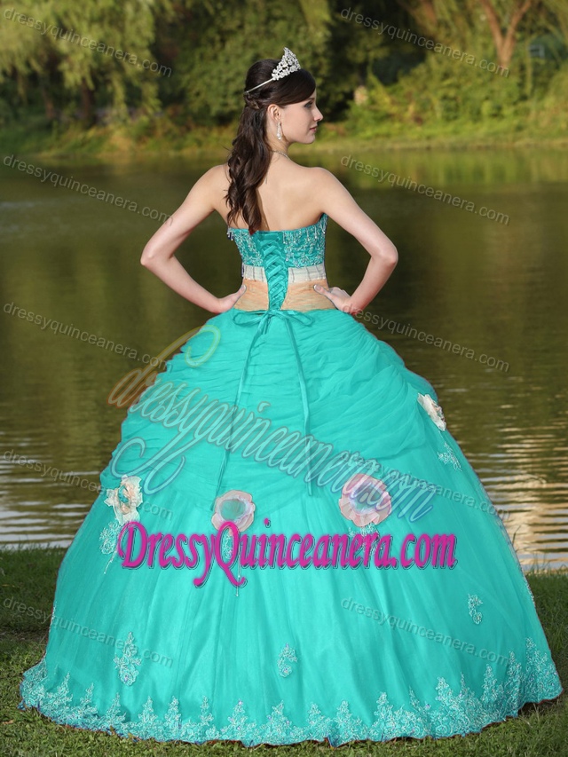 Tulle Strapless Apple Green Quinceanera Dress with Flowers and Beading