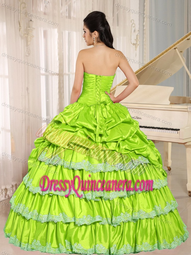 Yellow Green Beaded Sweet Quinceanera Dress with Appliques and Pick-ups