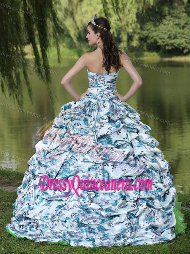 Colorful Printed and Organza Sweet Sixteen Dresses with Pick-ups and Ruffle