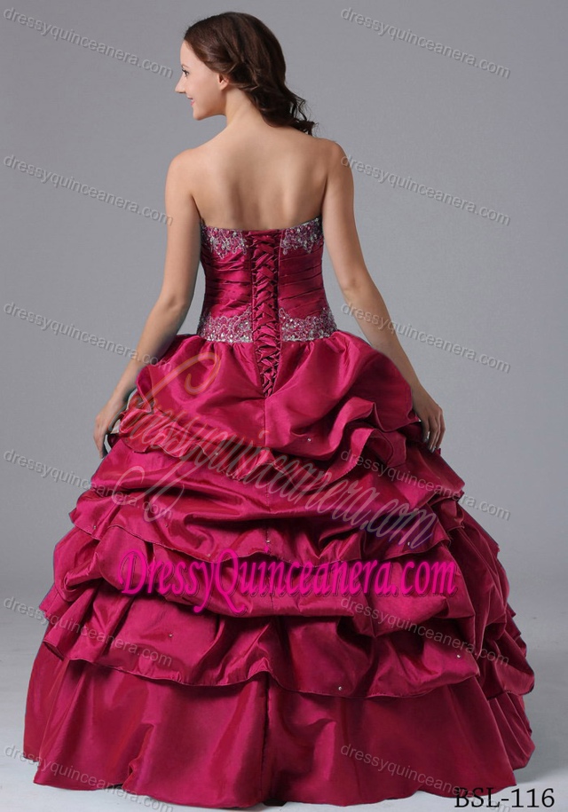 Hot Pink Strapless Taffeta Ruched Quinceanera Dresses with Pick-ups and Beading