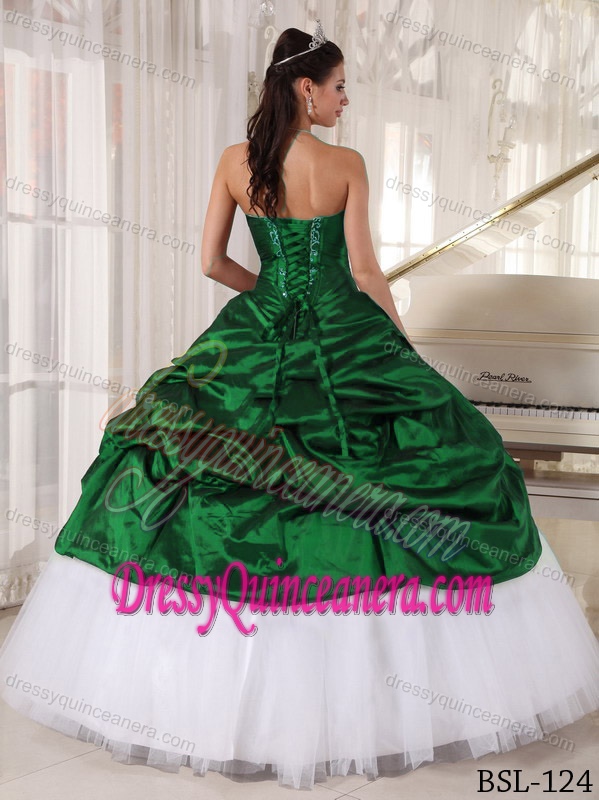Hunter Green and White Sweetheart Quinceanera Dress with Pick-ups and Appliques