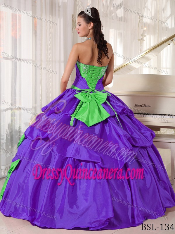 Appliqued Strapless Green and Purple Quinceanera Dress with Pick-ups and Bows